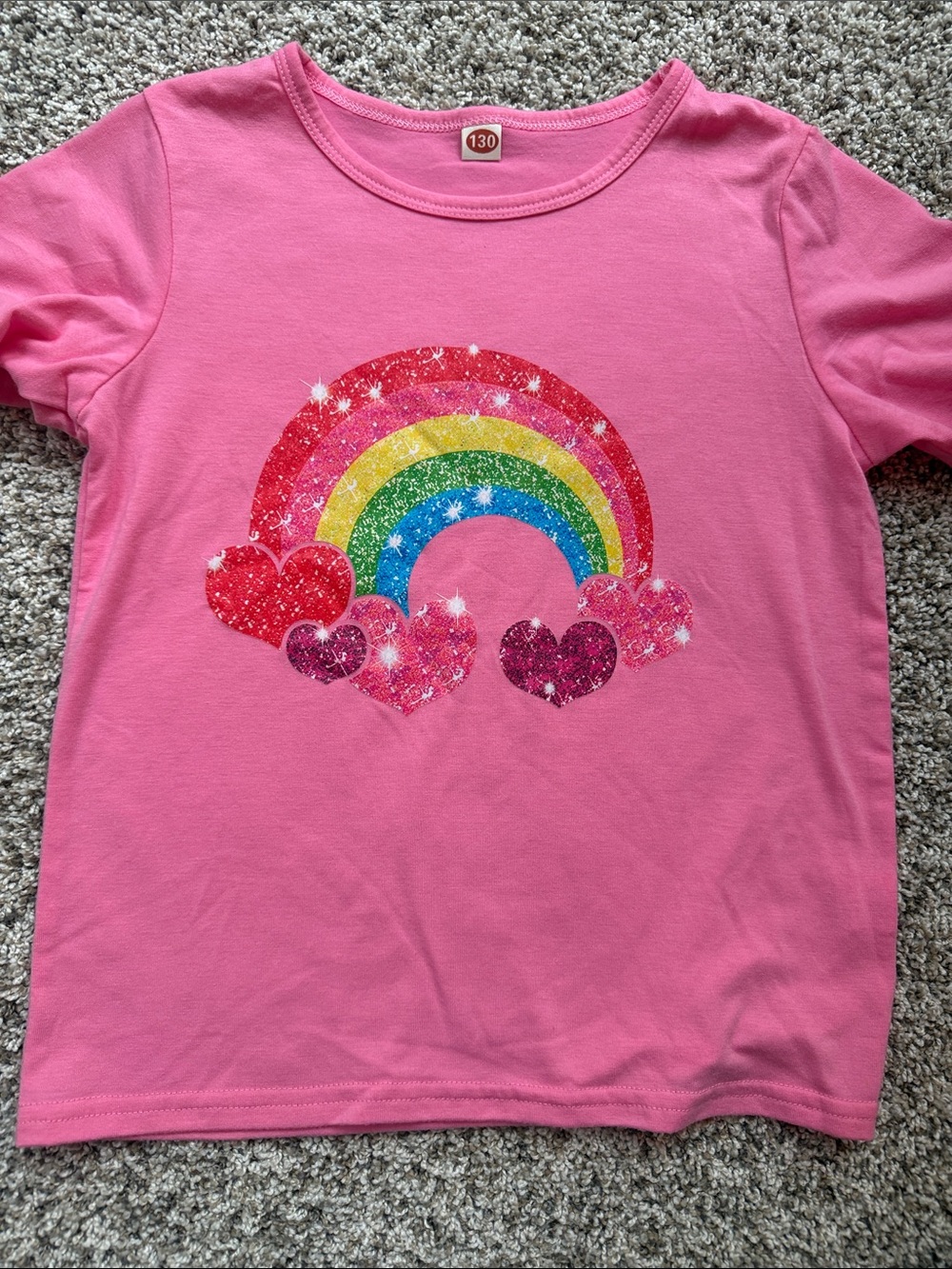 Amazon Girls Pink Sparkle Rainbow Heart Tee size 130 or 7/8